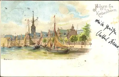 Künstler Litho Eneret, A. V., København Kopenhagen Dänemark, Hafen, Boote