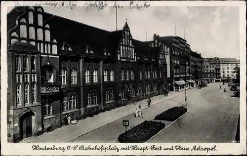 Ak Zabrze Hindenburg Oberschlesien, Bahnhofsplatz, Hauptpost, Haus Metropol