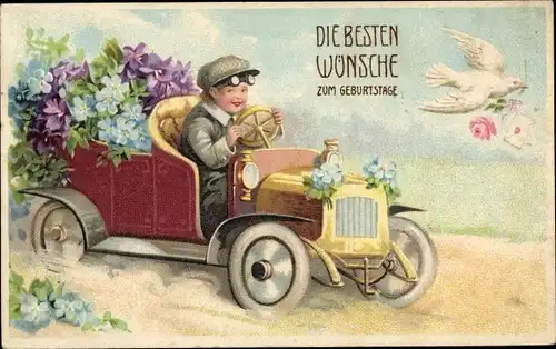 Ak Glückwunsch Geburtstag, Kind, Auto, Blumen, Taube