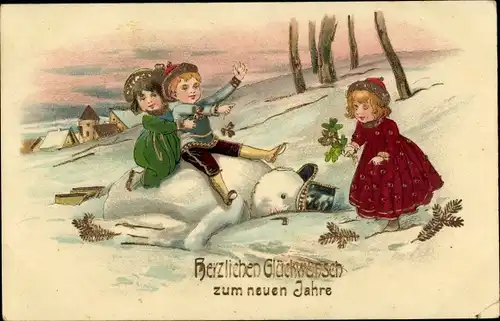 Ak Glückwunsch Neujahr, Kinder, Schneemann, Glücksklee