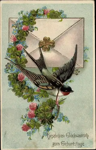 Präge Ak Glückwunsch Geburtstag, Schwalbe, Glücksklee, Vergissmeinnicht
