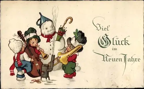 Ak Glückwunsch Neujahr, Musizierende Kinder, Schneemann, Musikinstrumente