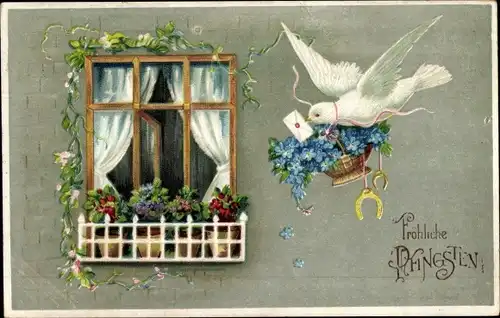 Präge Ak Glückwunsch Pfingsten, Taube, Korb, Vergissmeinnicht, Hufeisen