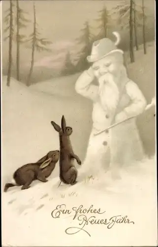 Ak Glückwunsch Neujahr, Schneemann, Hasen