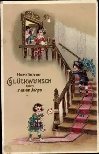 Ak Glückwunsch Neujahr, Gratulanten, Treppen, Vergissmeinnicht