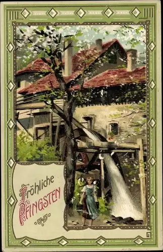 Präge Passepartout Ak Glückwunsch Pfingsten, Baum, Wassermühle, Wasserträgerin