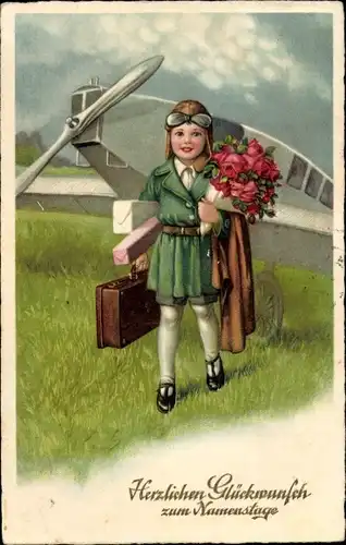Ak Glückwunsch Namenstag, Pilot, Blumenstrauß, Flugzeug