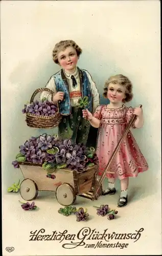 Ak Glückwunsch Namenstag, Kinder, Karren, Blumen, Glücksklee