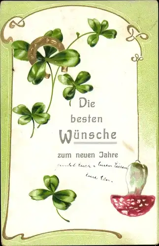 Präge Ak Glückwunsch Neujahr, Pilz, Glücksklee, Hufeisen