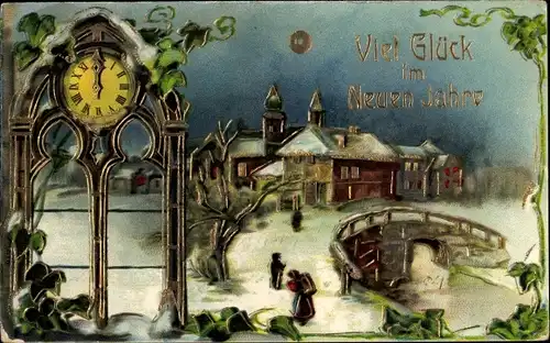 Ak Glückwunsch Neujahr, Uhr, Kirche, Efeu