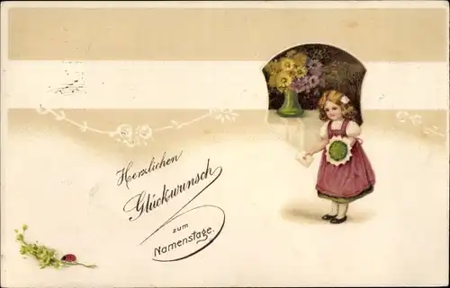 Präge Ak Glückwunsch Namenstag, Mädchen, Gratulantin, Blumen