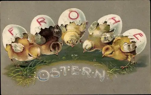 Präge Ak Glückwunsch Ostern, Küken, Eierschalen