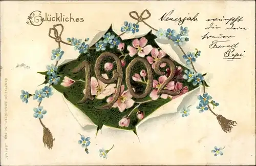 Präge Litho Glückwunsch Neujahr 1902, Blumen, Vergissmeinnicht