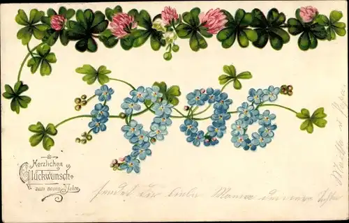 Ak Glückwunsch Neujahr, Jahreszahl 1906 aus Vergissmeinnicht, Kleeblätter