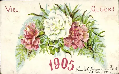 Litho Glückwunsch Neujahr 1905, Blumen