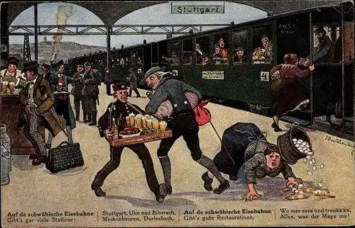 Künstler Ak Boettcher, Hans, Stuttgart, Bahnhof, Auf de Schwäbsche Eisebahne