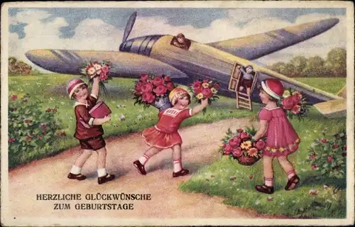 Ak Glückwunsch Geburtstag, Kinder, Flugzeug, Blumen