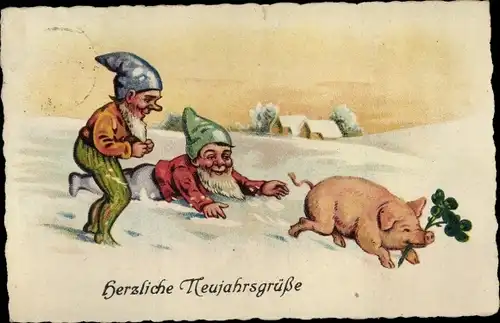 Ak Glückwunsch Neujahr, Zwerge, Schwein, Glücksklee