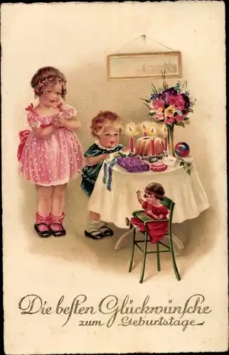 Ak Glückwunsch Geburtstag, Kinder, Gratulant, Geburtstagskind, Kuchen, Blumen, Puppe