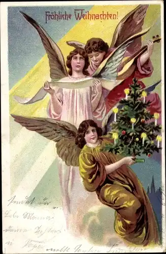 Ak Glückwunsch Weihnachten, Engel, Tannenbaum