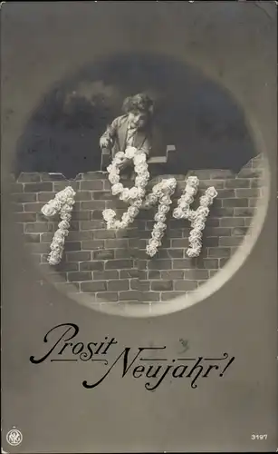 Ak Glückwunsch Neujahr 1914, Kind, Mauer, Blumen