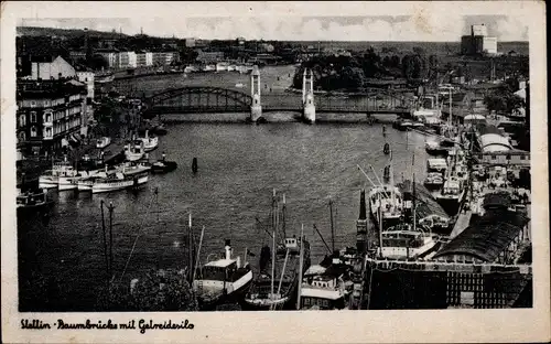 Ak Szczecin Stettin Pommern, Baumbrücke mit Getreidesilo