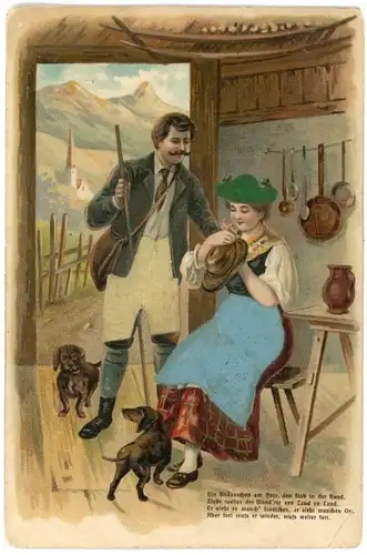 Stoff Präge Litho Dackel, Frau und Mann