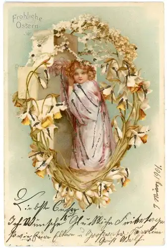 Glitzer Litho Glückwunsch Ostern, Engel an einem Kreuz, Narzissen