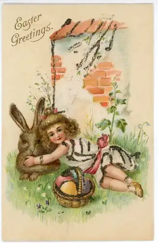 Glitzer Litho Glückwunsch Ostern, Mädchen mit Hase, Ostereier