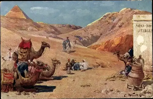 Künstler Ak Wuttke, C., Kairo Ägypten, Nomaden, Kamele, Mena House, Stables