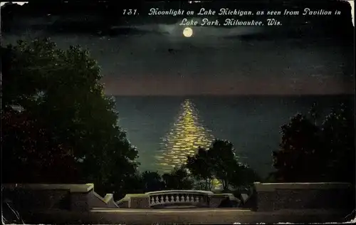 Mondschein Ak Milwaukee Wisconsin USA, Lake Michigan, Pavillon im Lake Park