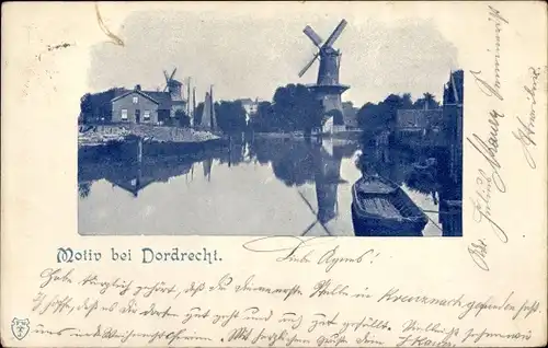 Ak Dordrecht Südholland Niederlande, Teilansicht vom Ort beim Fluss mit Blick zur Windmühle