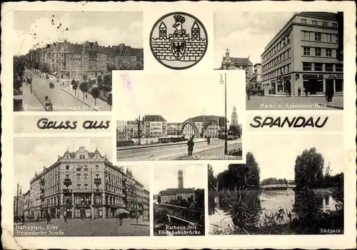 Ak Berlin Spandau, Wappen, Markt, Spandauer Bank, Charlottenbrücke, Hafenplatz, Südpark