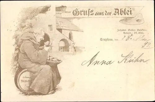 Künstler Ak Berlin Treptow, Gruß aus der Abtei, Mönch schält Kartoffeln