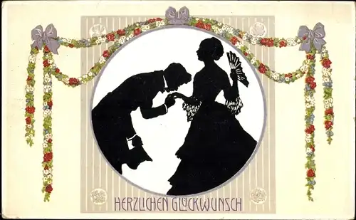 Ak Glückwunsch Geburtstag, Mann küsst Frau die Hand, Blumenranke