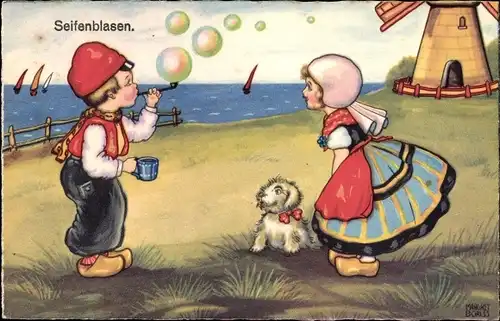Künstler Ak Boriss, Margret, Kinder mit Seifenblasen, Junger Hund