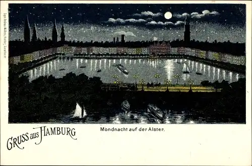 Mondschein Litho Hamburg Mitte Altstadt, Mondnacht auf der Alster