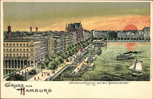 Litho Hamburg Mitte Altstadt, Sonnenuntergang auf der Binnenalster