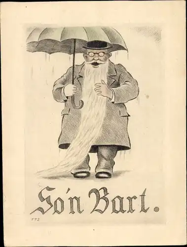 Ak So'n Bart, Mann mit langem Bart und Regenschirm