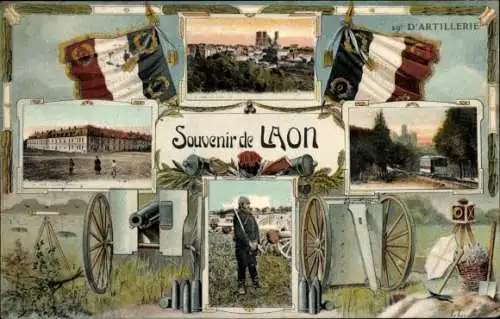 Ak Laon Aisne, Französisches Artillerie Regiment 19, Kaserne, Soldat, Geschütz, Flaggen
