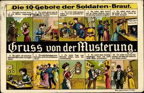 Litho Die 10 Gebote der Soldaten-Braut, Gruß von der Musterung