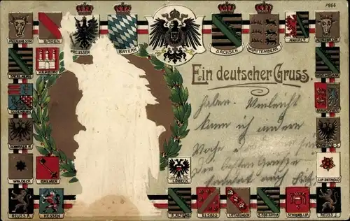 Präge Wappen Litho Ein deutscher Gruß, Landeswappen, Germania