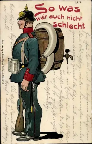 Litho So was wär auch nicht schlecht, Soldat, Ausrüstung mit Bierfass und Würsten, BB&OL 7377