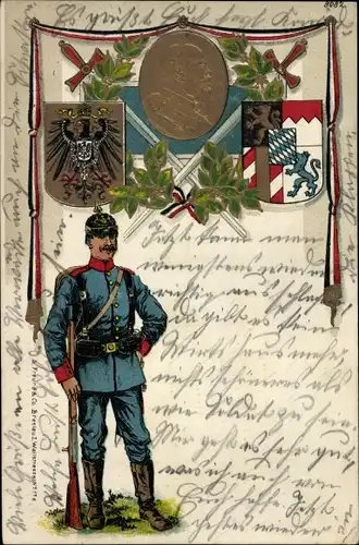Präge Wappen Litho Soldat in Uniform, Schwerter, Portrait