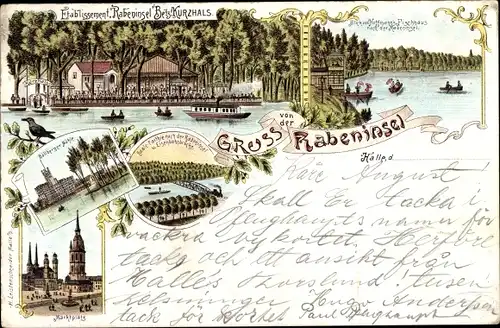 Litho Halle Saale, Etablissement Rabeninsel, Bes. Kurzhals, Böllberger Mühle, Marktplatz