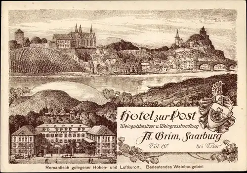 Litho Saarburg an der Saar Bezirk Trier, Hotel Zur Post, Weingut und Weingroßhandlung A. Grim