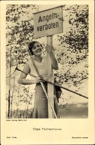 Ak Schauspielerin Olga Tschechowa, Portrait, Schild Angeln verboten