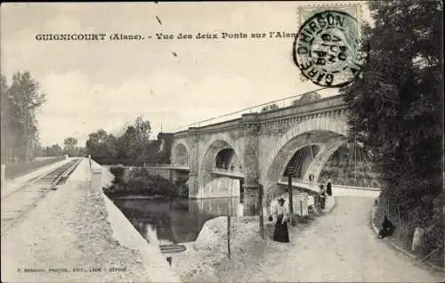 Ak Guignicourt Aisne, Blick auf die beiden Brücken über die Aisne