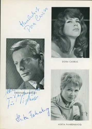Autogrammkarte Schauspieler Dora Carras, Eberhard Mondry, Herta Fahrenkrog, Portrait, Autogramm