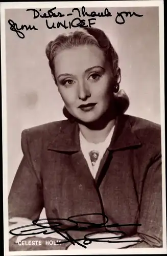 Autogrammkarte Schauspielerin Celeste Holm, Portrait, Autogramm